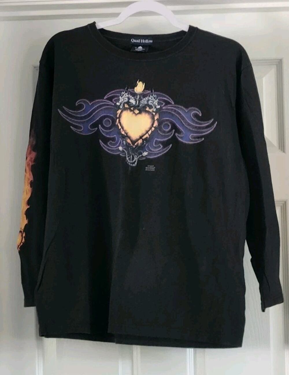 Vintage 2002 NOWGear Flaming Sacred Heart Dragon Graphic Long Sleeve Size M #685